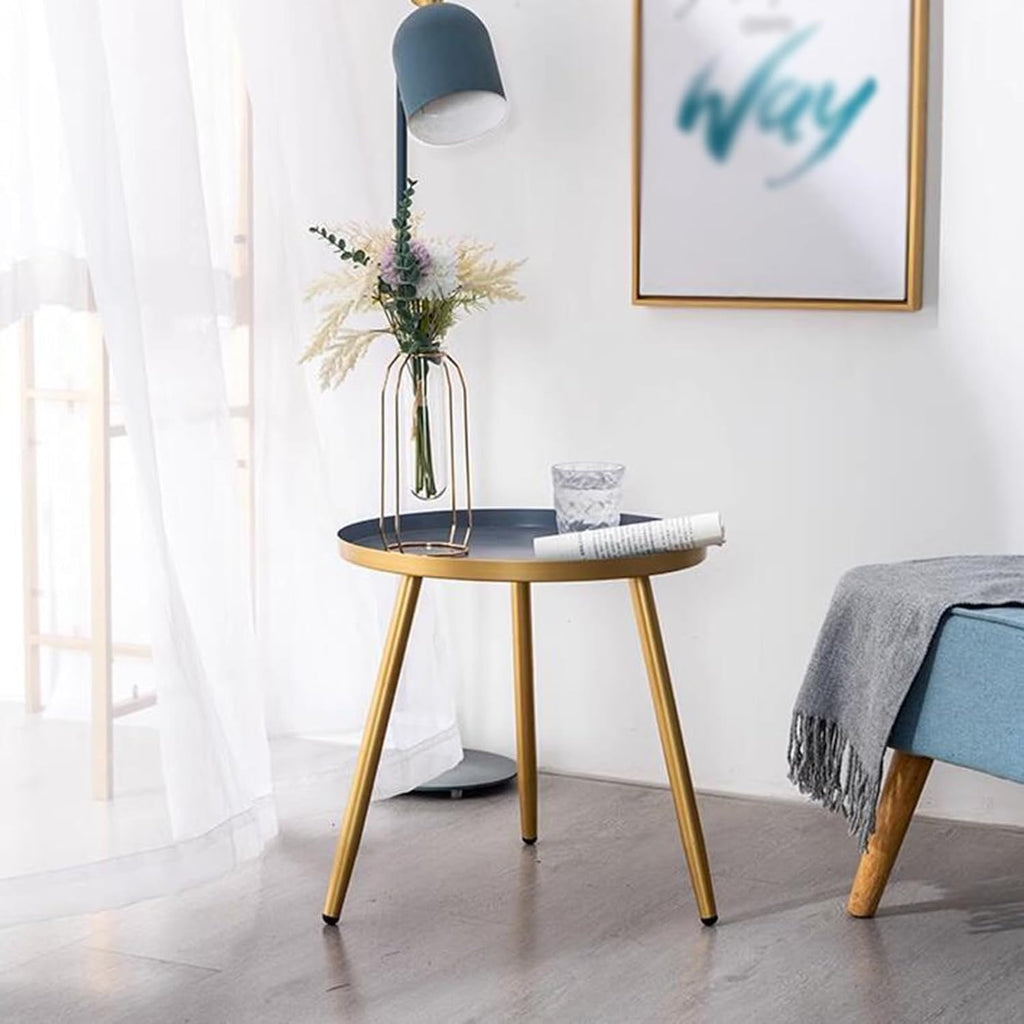 Modern Small Round Side Table with Iron Legs – Compact End Table for Living Room, Bedroom, Café & Flower Shop – Minimalist Accent Sofa Table & TV Tray – 17.1×17.3 Inch