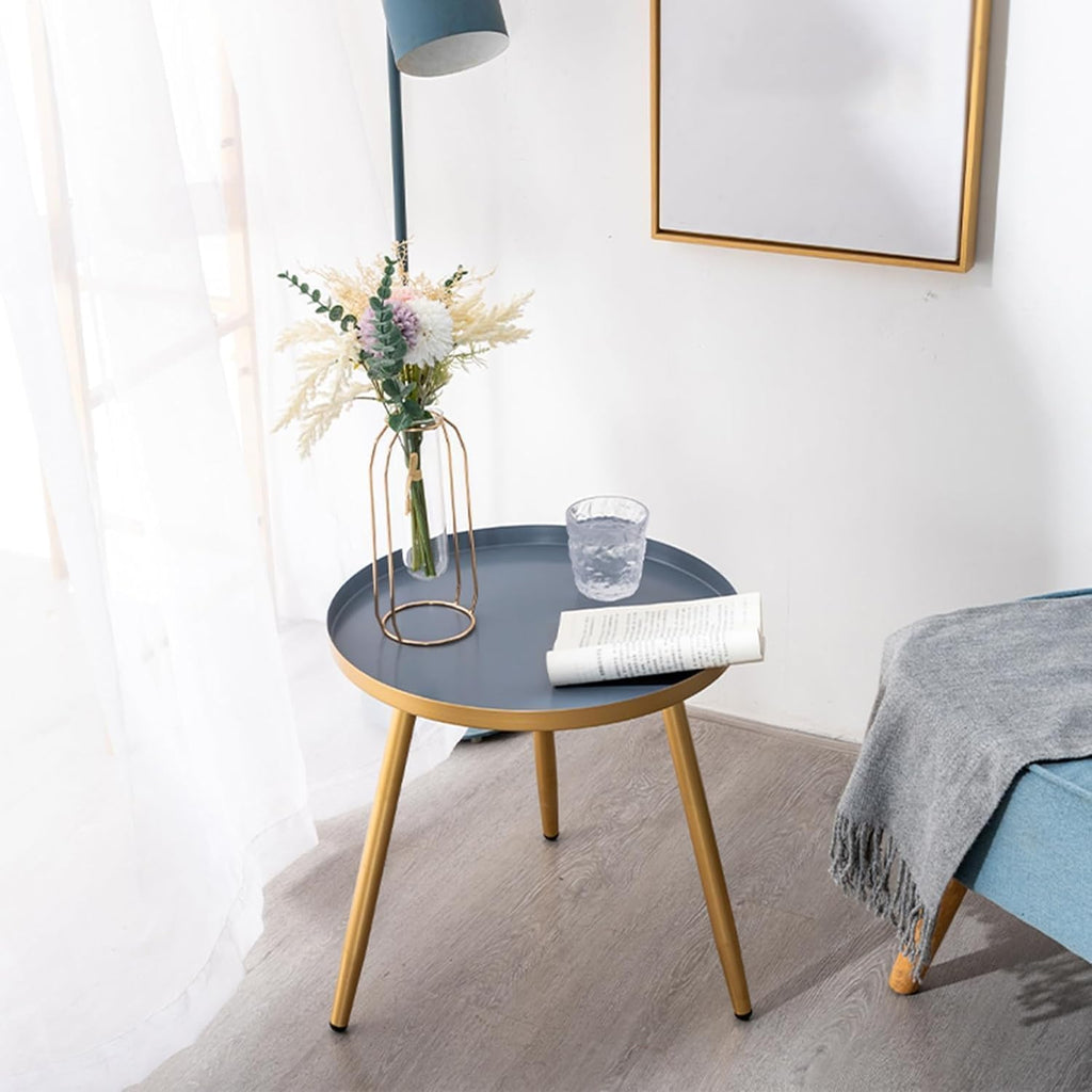 Modern Small Round Side Table with Iron Legs – Compact End Table for Living Room, Bedroom, Café & Flower Shop – Minimalist Accent Sofa Table & TV Tray – 17.1×17.3 Inch