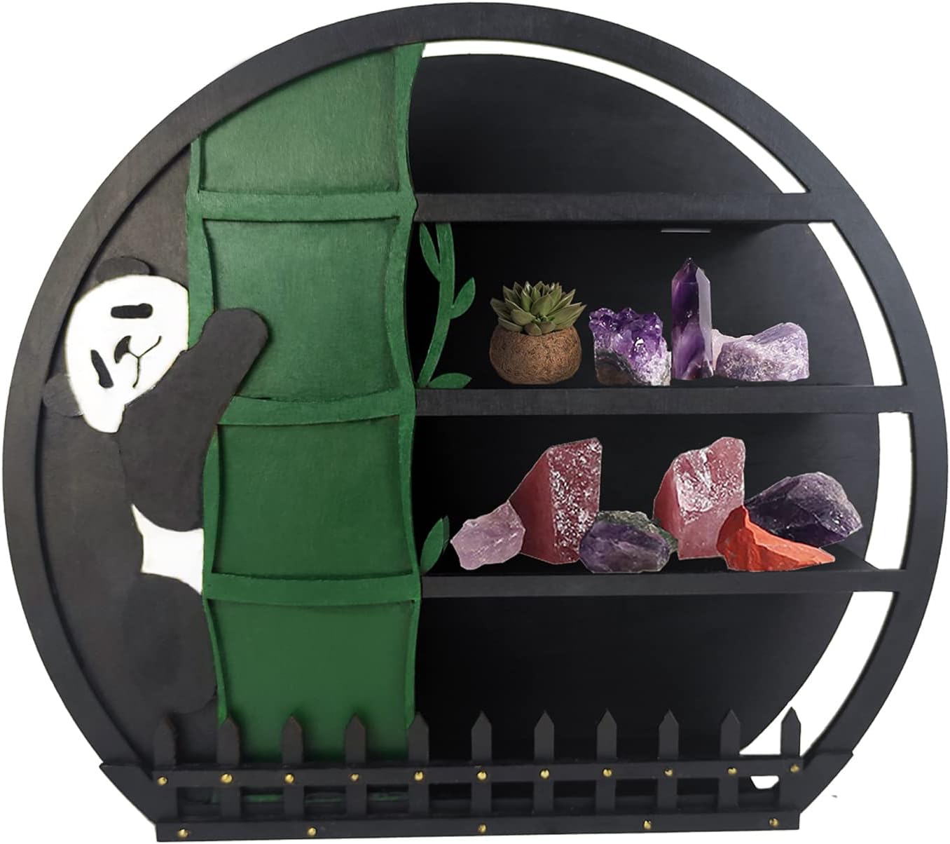 Wooden Panda Moon Phase Wall Shelf Decor - Crystal Display Organizer for Essential Oils, Gemstones and Boho Room Storage - 11.2 x 2.36 x 10.2 Inch