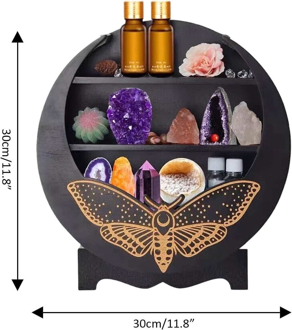 Rustic Wood Wall Floating Shelf with Moth Moon Design - Boho Crystal Display Stand for Witch Room Decor, Essential Oils, Gemstones Storage and Home Organization