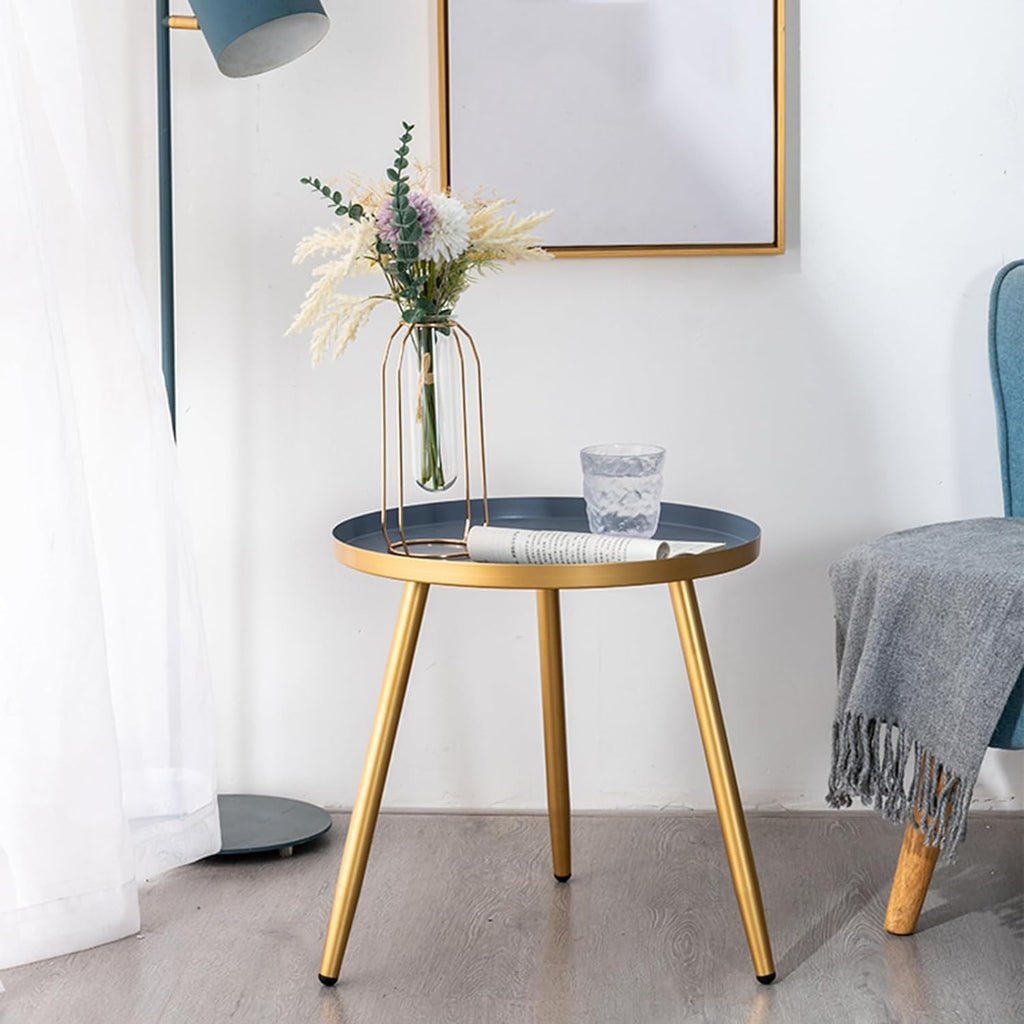 Modern Small Round Side Table with Iron Legs – Compact End Table for Living Room, Bedroom, Café & Flower Shop – Minimalist Accent Sofa Table & TV Tray – 17.1×17.3 Inch