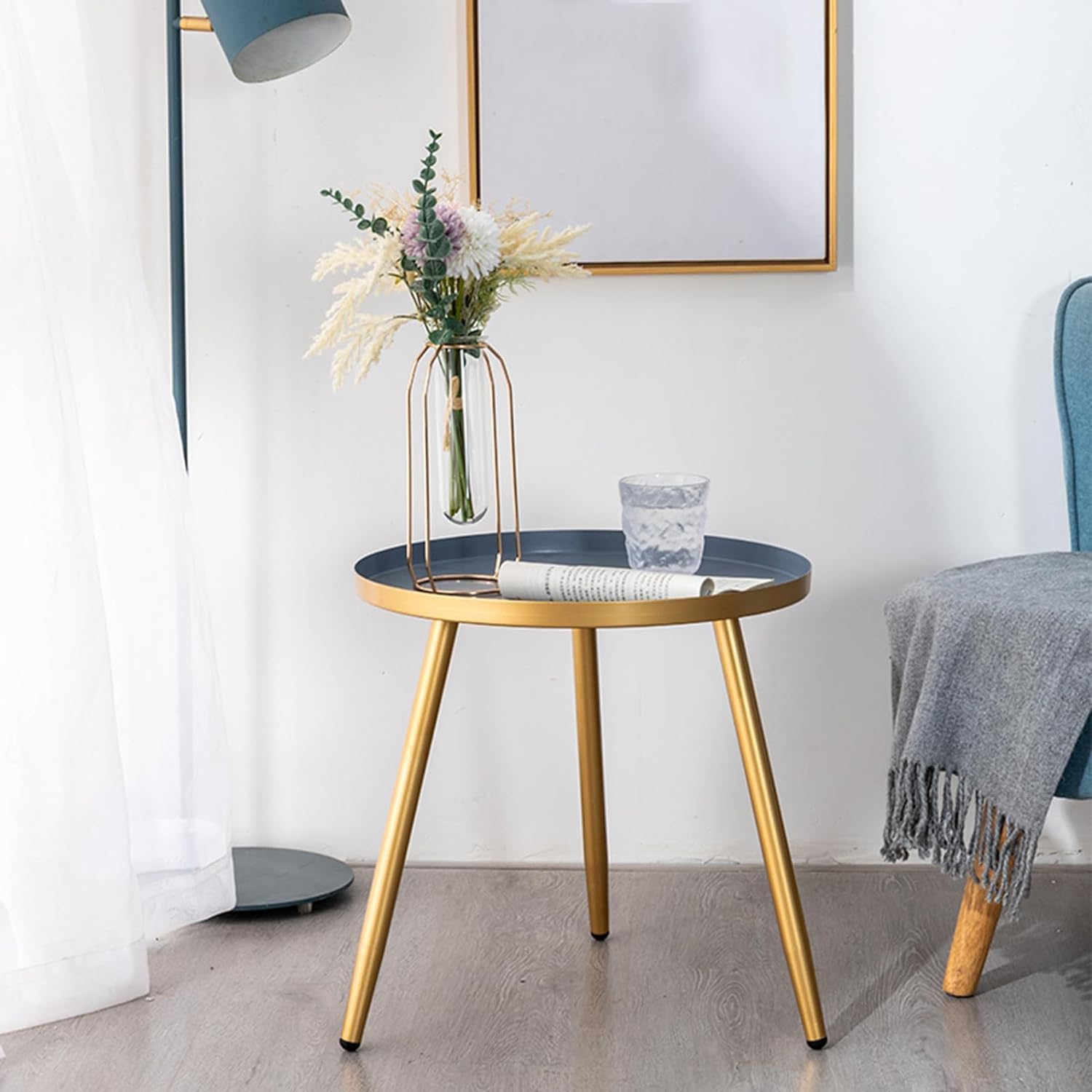Modern Small Round Side Table with Iron Legs – Compact End Table for Living Room, Bedroom, Café & Flower Shop – Minimalist Accent Sofa Table & TV Tray – 17.1×17.3 Inch