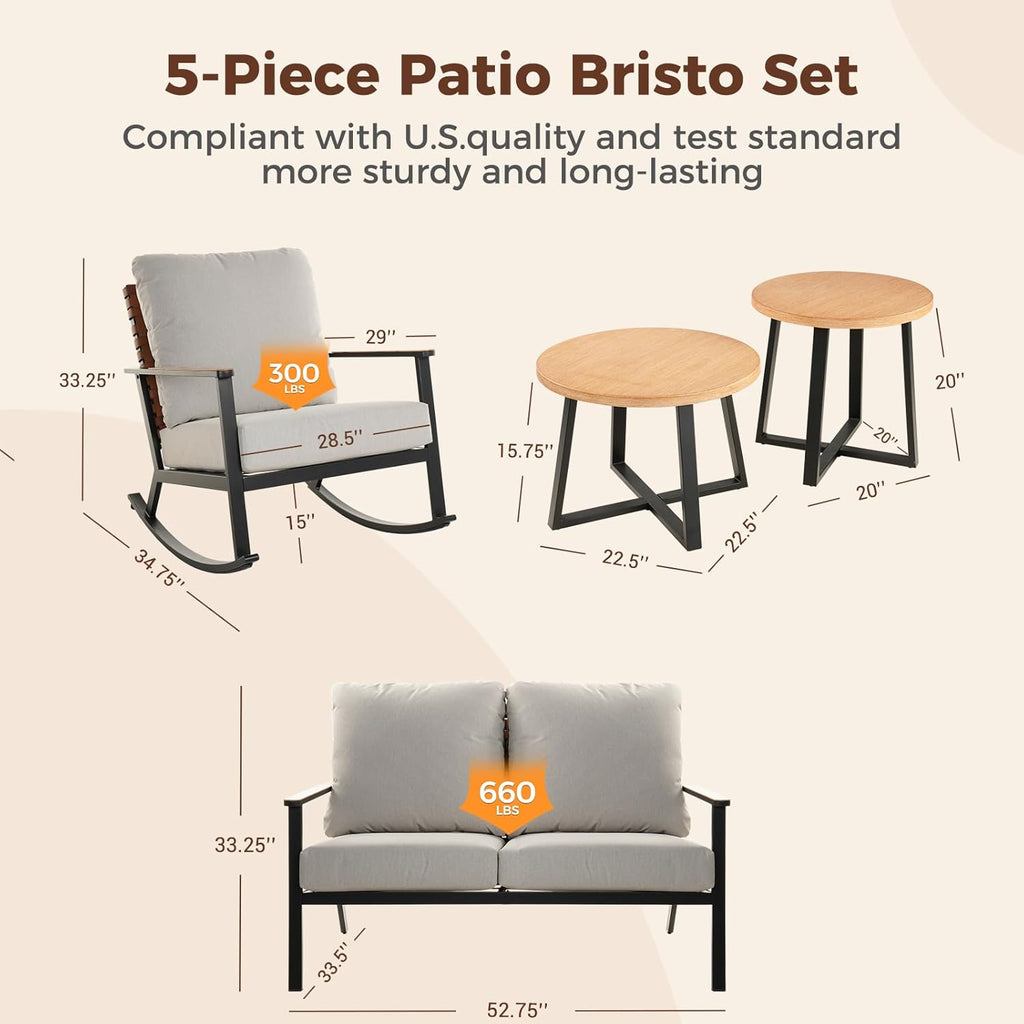 5-Piece Outdoor Rocking Bistro Set with Loveseat, Rocking Chairs, Faux Wood Coffee Tables & Thick Cushions for Patio, Porch & Backyard