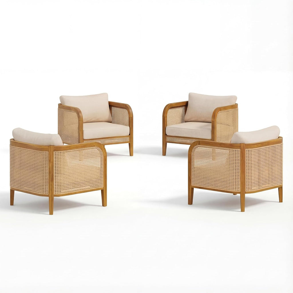 Set of 4 Outdoor Acacia Wood Armchairs with Cushions - Teak Finish Patio Rattan Club Chairs for Porch, Backyard & Balcony