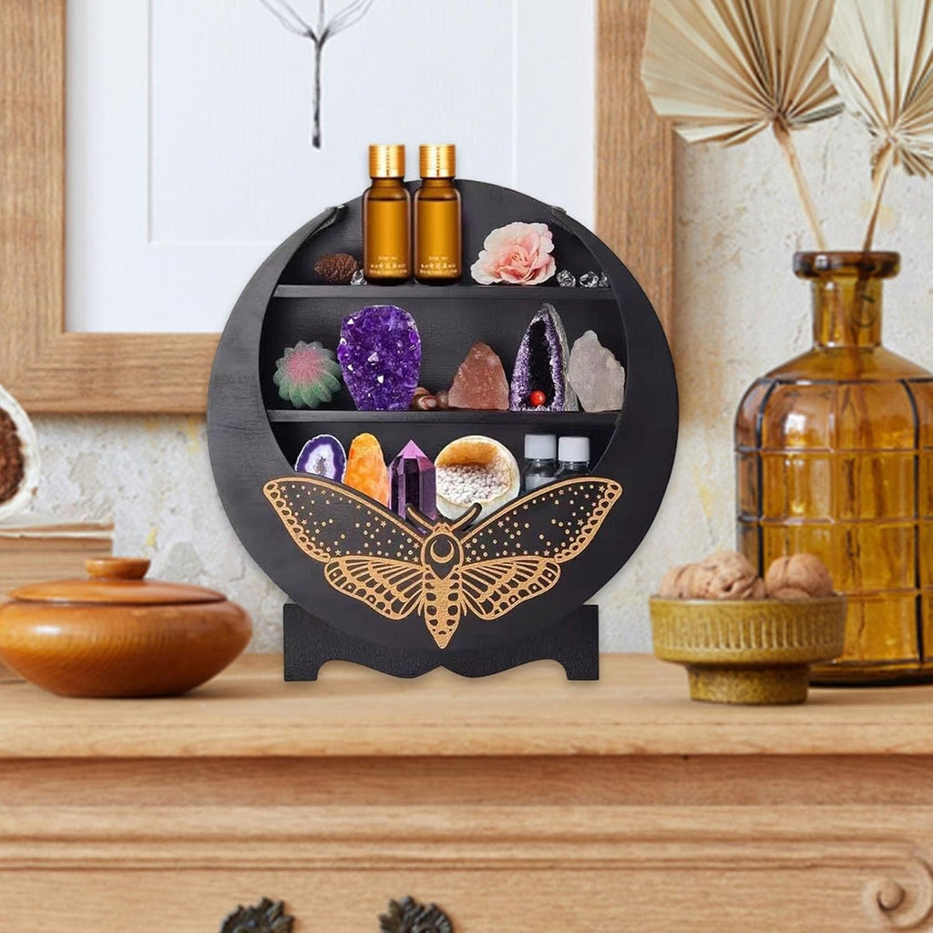 Rustic Wood Wall Floating Shelf with Moth Moon Design - Boho Crystal Display Stand for Witch Room Decor, Essential Oils, Gemstones Storage and Home Organization