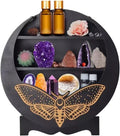 Rustic Wood Wall Floating Shelf with Moth Moon Design - Boho Crystal Display Stand for Witch Room Decor, Essential Oils, Gemstones Storage and Home Organization