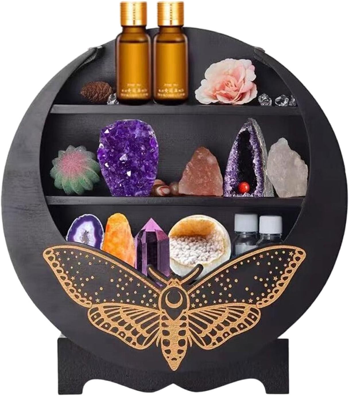 Rustic Wood Wall Floating Shelf with Moth Moon Design - Boho Crystal Display Stand for Witch Room Decor, Essential Oils, Gemstones Storage and Home Organization