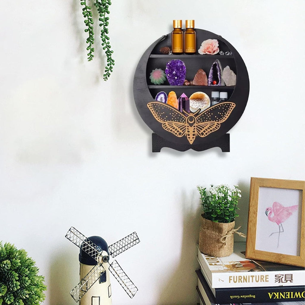 Rustic Wood Wall Floating Shelf with Moth Moon Design - Boho Crystal Display Stand for Witch Room Decor, Essential Oils, Gemstones Storage and Home Organization