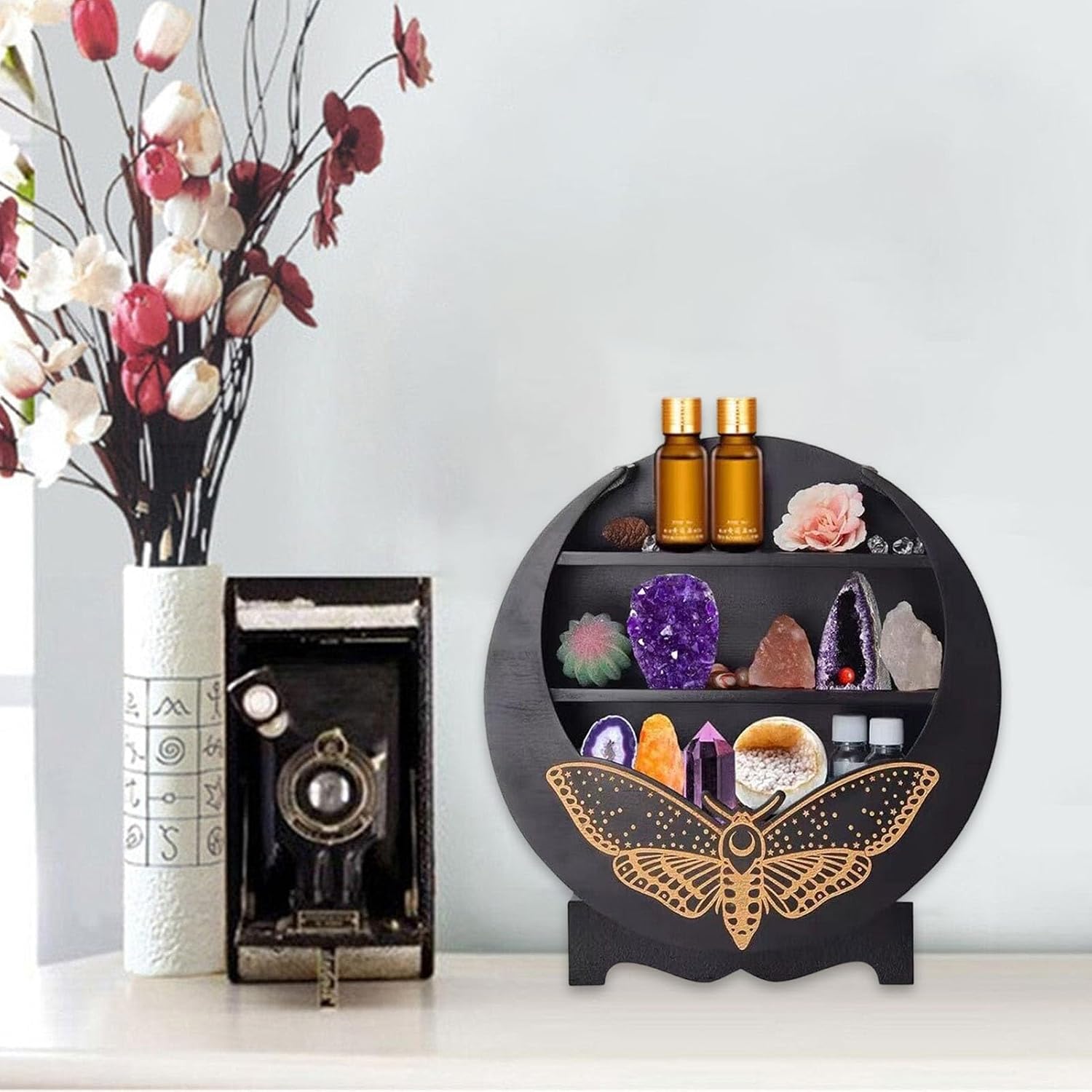 Rustic Wood Wall Floating Shelf with Moth Moon Design - Boho Crystal Display Stand for Witch Room Decor, Essential Oils, Gemstones Storage and Home Organization