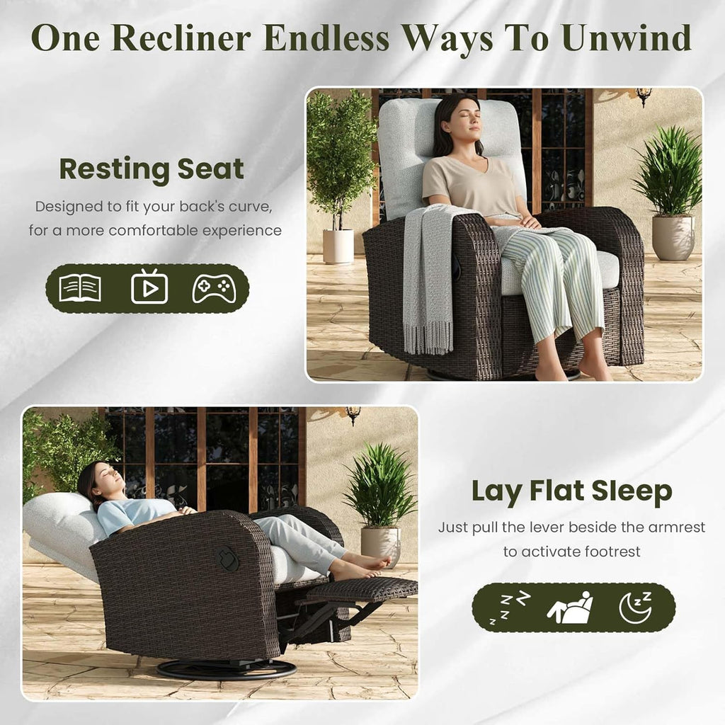 Oversized Wicker Outdoor Swivel Glider Recliner Chair with Adjustable Backrest & Footrest, Luxury Patio Lounge Seating for Porch, Deck & Garden