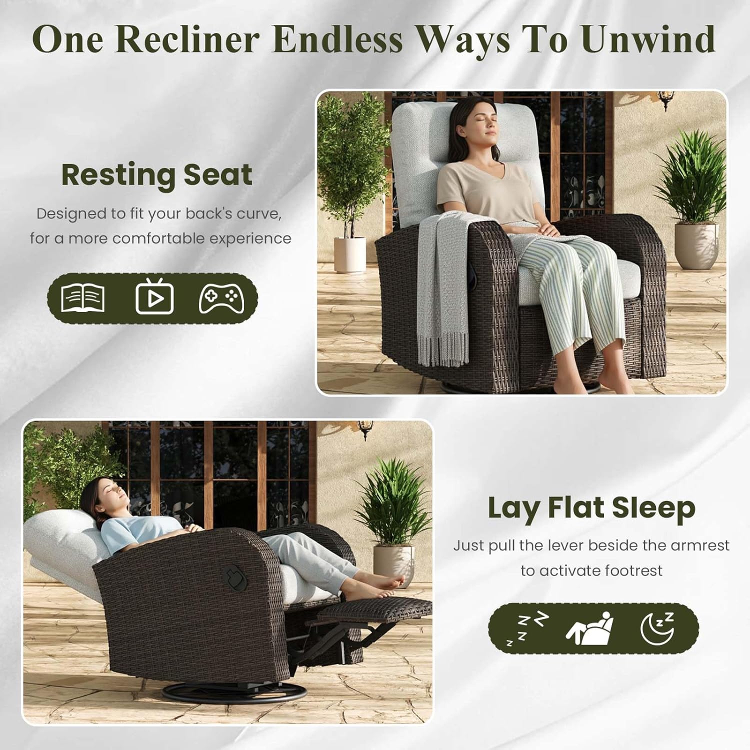 Oversized Wicker Outdoor Swivel Glider Recliner Chair with Adjustable Backrest & Footrest, Luxury Patio Lounge Seating for Porch, Deck & Garden