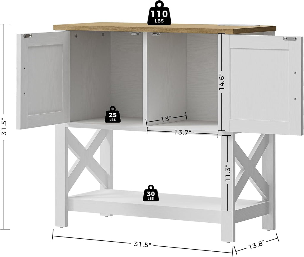 Modern Farmhouse Console Table with Storage Cabinet, 32" Entryway Table with Outlets and USB Ports, Buffet Sideboard & Coffee Bar Cabinet for Living Room, Kitchen & Hallway