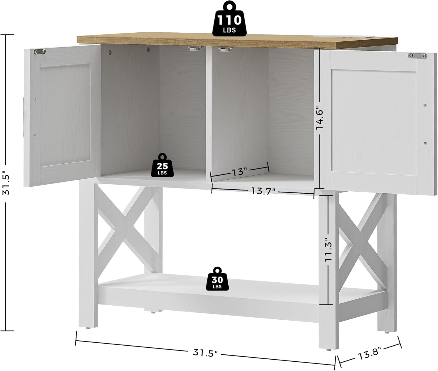Modern Farmhouse Console Table with Storage Cabinet, 32" Entryway Table with Outlets and USB Ports, Buffet Sideboard & Coffee Bar Cabinet for Living Room, Kitchen & Hallway