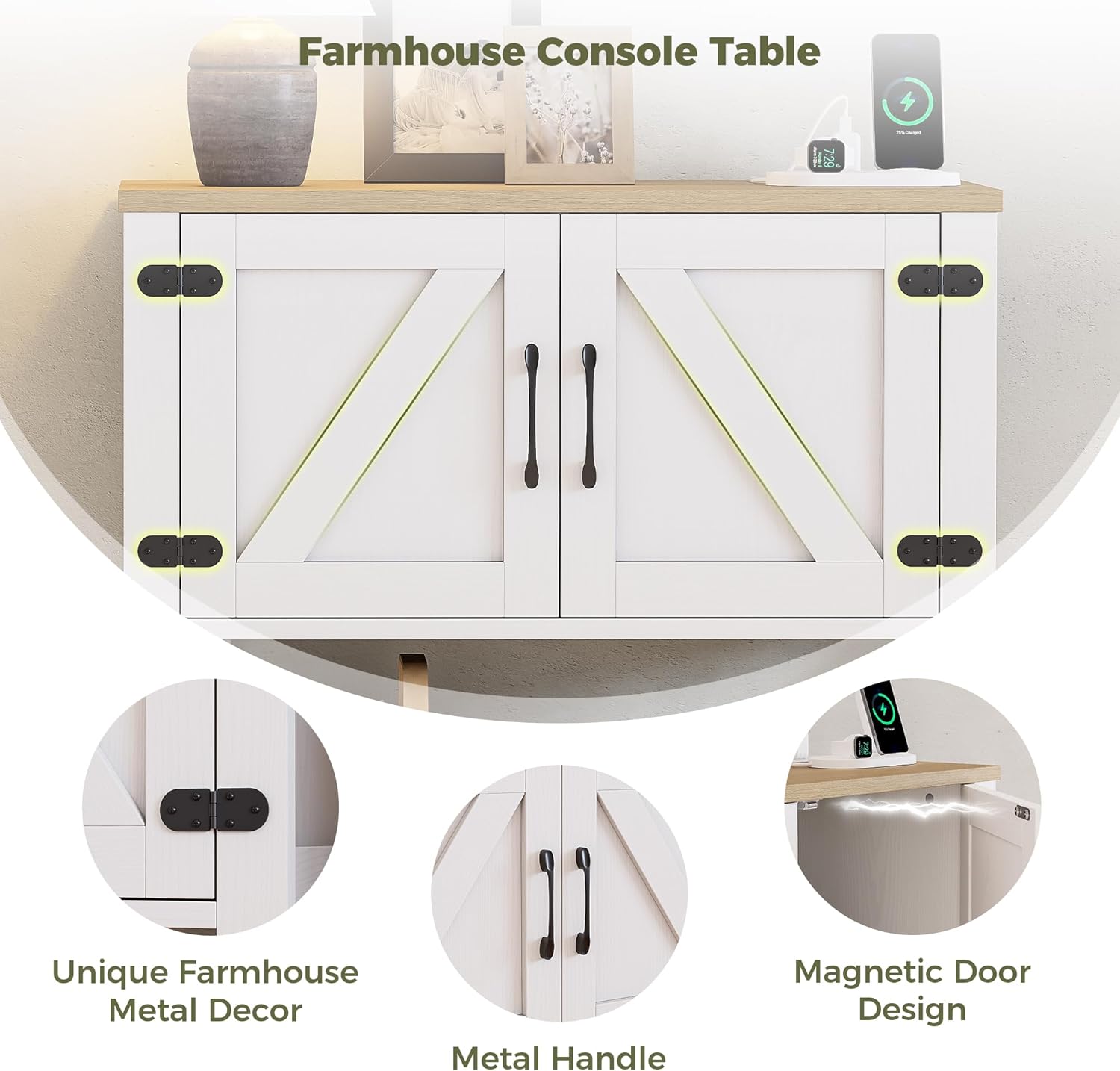 Modern Farmhouse Console Table with Storage Cabinet, 32" Entryway Table with Outlets and USB Ports, Buffet Sideboard & Coffee Bar Cabinet for Living Room, Kitchen & Hallway