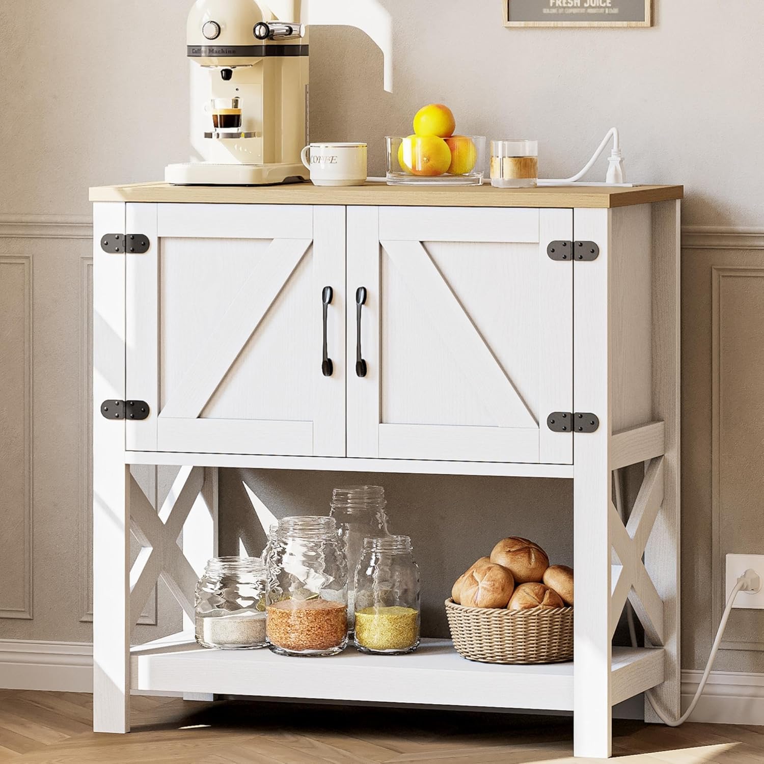 Modern Farmhouse Console Table with Storage Cabinet, 32" Entryway Table with Outlets and USB Ports, Buffet Sideboard & Coffee Bar Cabinet for Living Room, Kitchen & Hallway