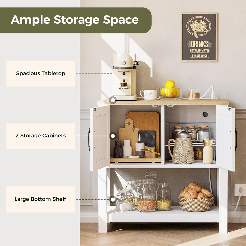 Modern Farmhouse Console Table with Storage Cabinet, 32" Entryway Table with Outlets and USB Ports, Buffet Sideboard & Coffee Bar Cabinet for Living Room, Kitchen & Hallway
