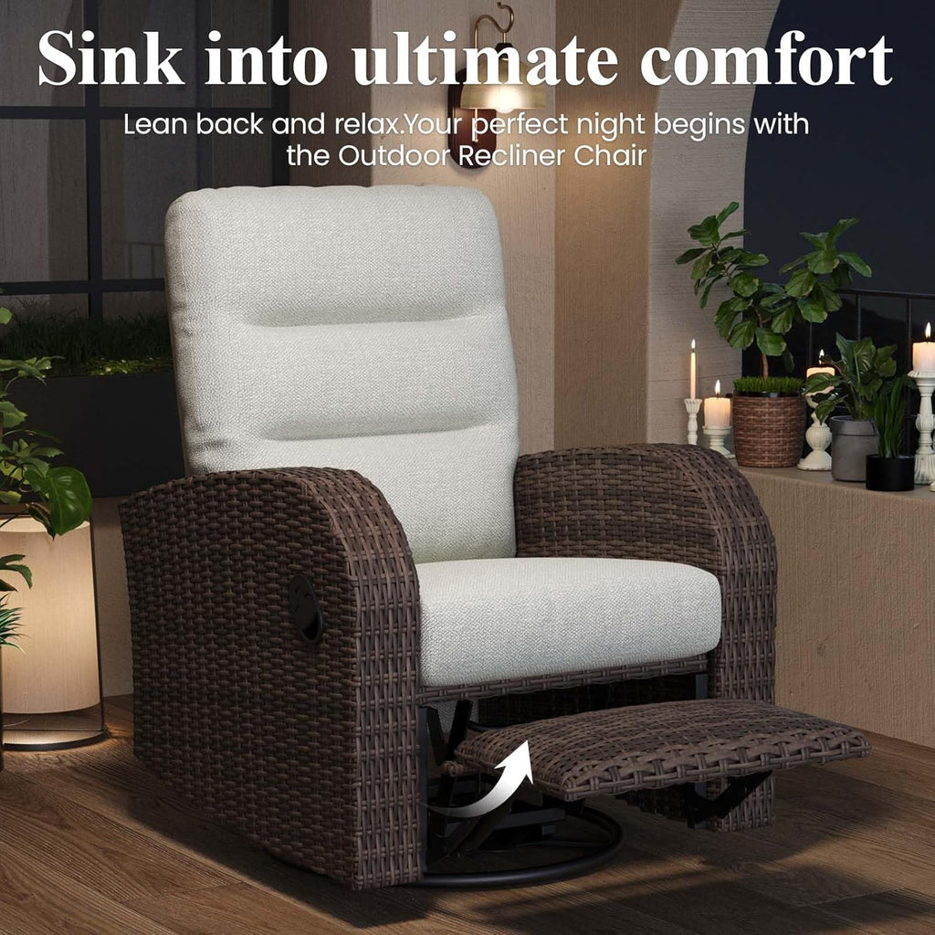 Oversized Wicker Outdoor Swivel Glider Recliner Chair with Adjustable Backrest & Footrest, Luxury Patio Lounge Seating for Porch, Deck & Garden