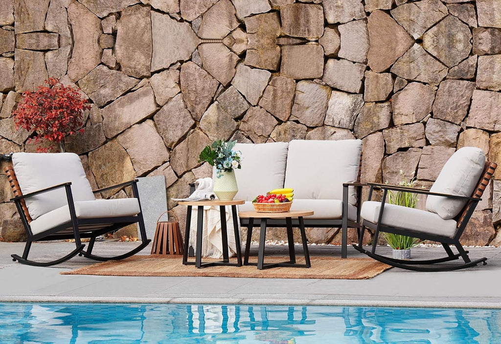 5-Piece Outdoor Rocking Bistro Set with Loveseat, Rocking Chairs, Faux Wood Coffee Tables & Thick Cushions for Patio, Porch & Backyard