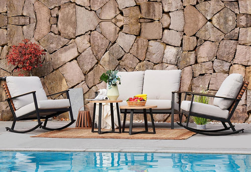 5-Piece Outdoor Rocking Bistro Set with Loveseat, Rocking Chairs, Faux Wood Coffee Tables & Thick Cushions for Patio, Porch & Backyard