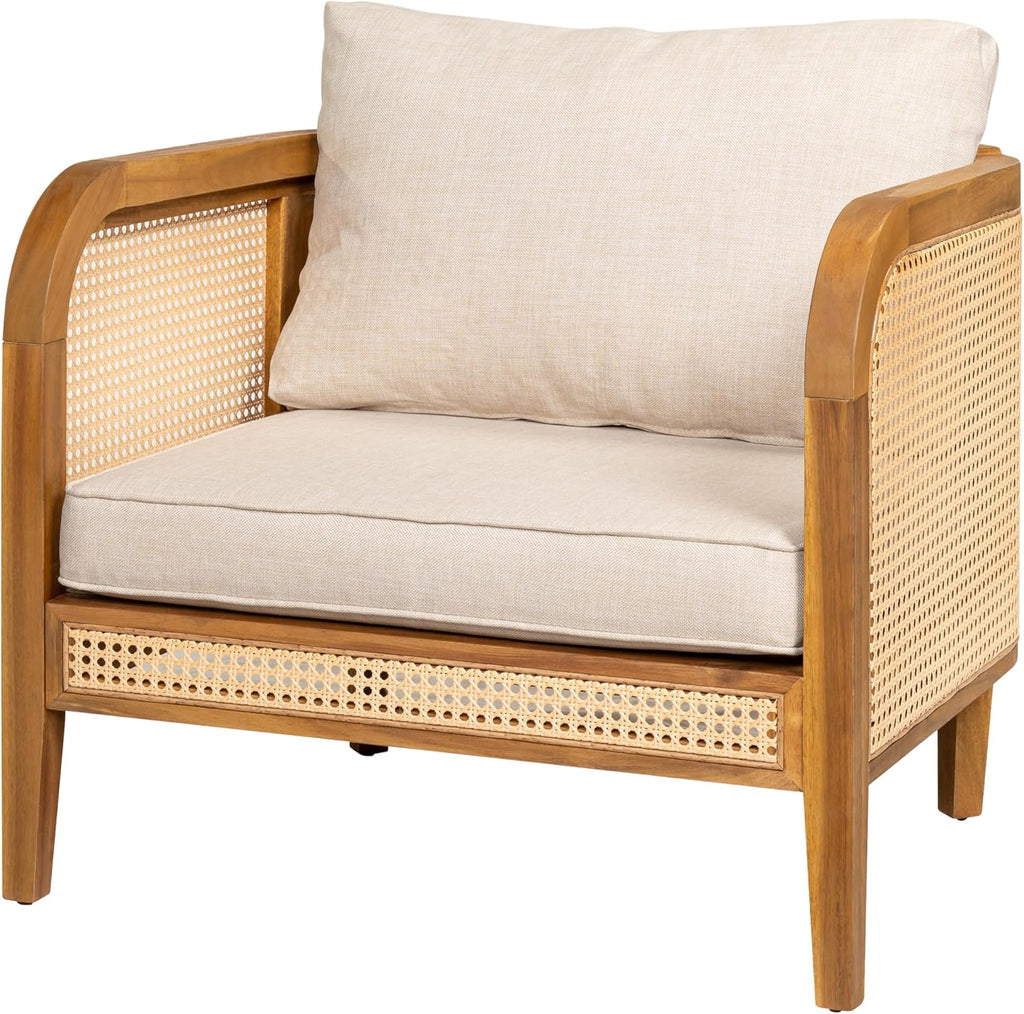 Set of 4 Outdoor Acacia Wood Armchairs with Cushions - Teak Finish Patio Rattan Club Chairs for Porch, Backyard & Balcony