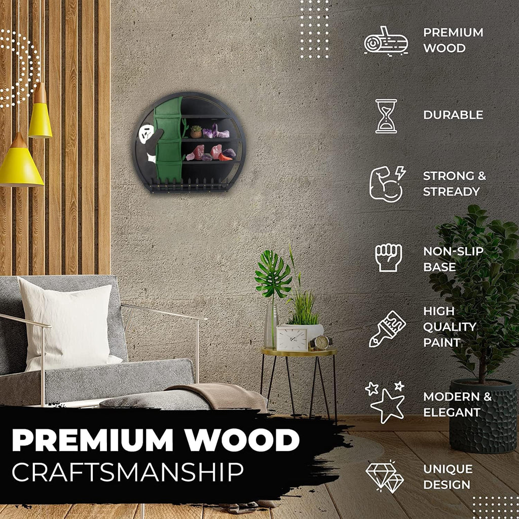 Wooden Panda Moon Phase Wall Shelf Decor - Crystal Display Organizer for Essential Oils, Gemstones and Boho Room Storage - 11.2 x 2.36 x 10.2 Inch