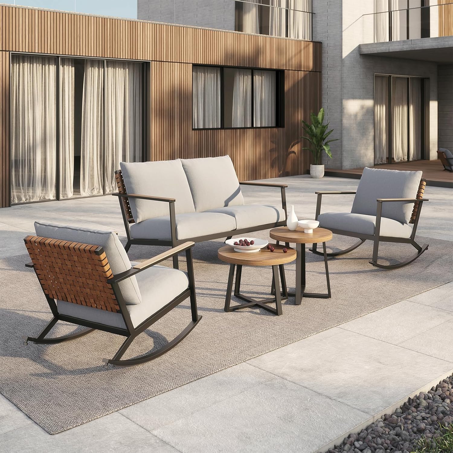 5-Piece Outdoor Rocking Bistro Set with Loveseat, Rocking Chairs, Faux Wood Coffee Tables & Thick Cushions for Patio, Porch & Backyard