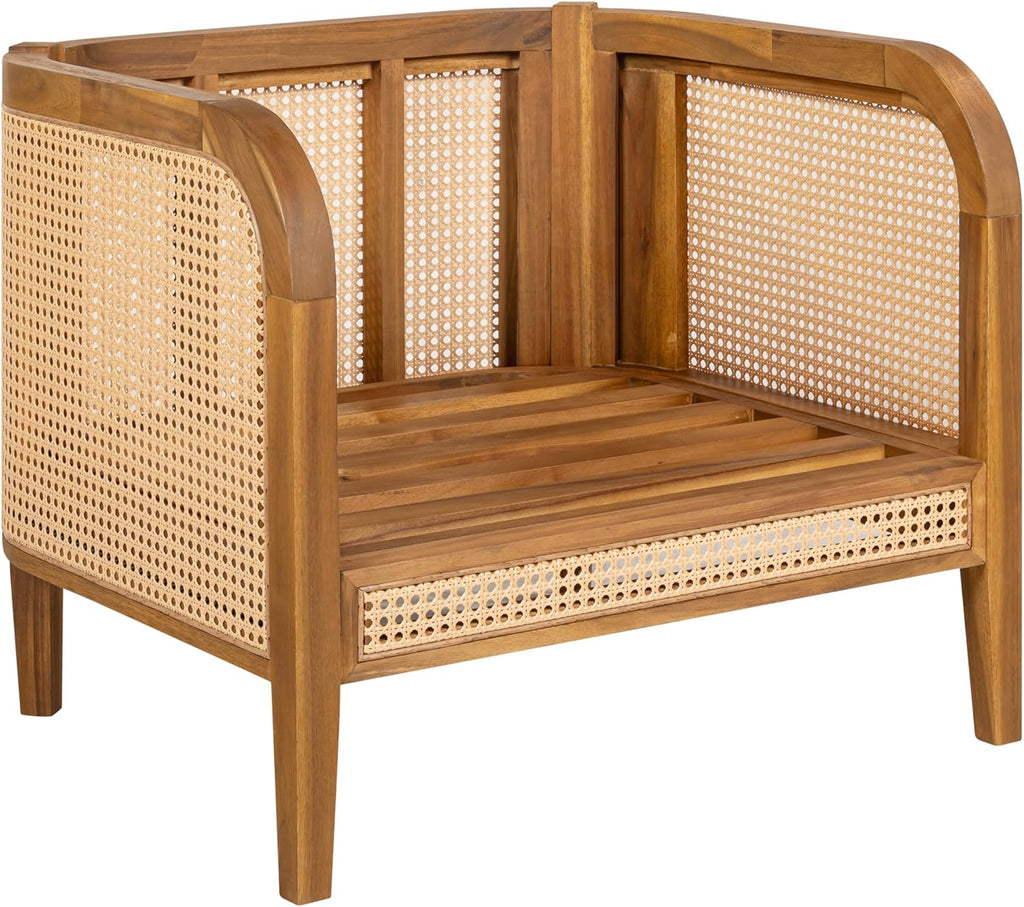 Set of 4 Outdoor Acacia Wood Armchairs with Cushions - Teak Finish Patio Rattan Club Chairs for Porch, Backyard & Balcony