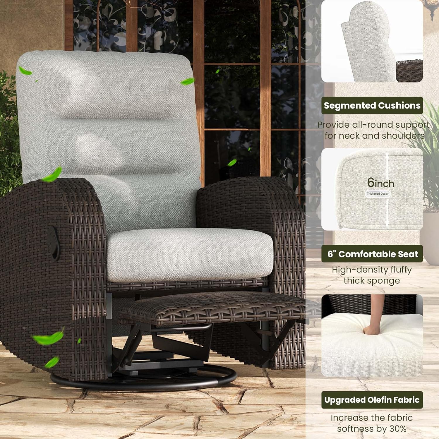 Oversized Wicker Outdoor Swivel Glider Recliner Chair with Adjustable Backrest & Footrest, Luxury Patio Lounge Seating for Porch, Deck & Garden