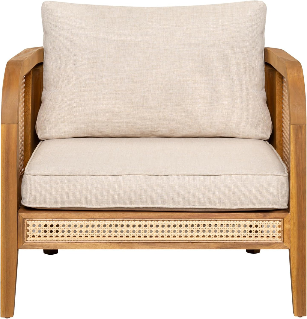 Set of 4 Outdoor Acacia Wood Armchairs with Cushions - Teak Finish Patio Rattan Club Chairs for Porch, Backyard & Balcony