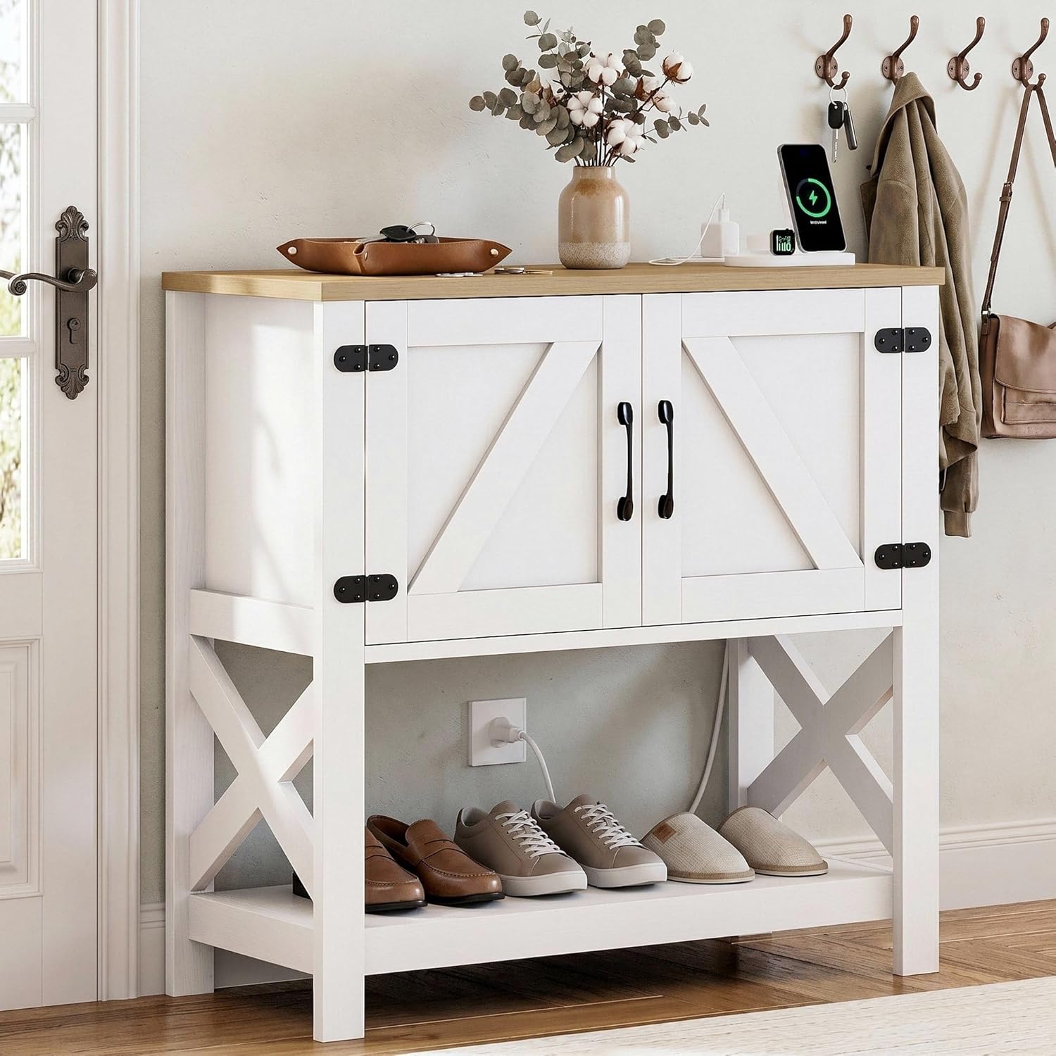 Modern Farmhouse Console Table with Storage Cabinet, 32" Entryway Table with Outlets and USB Ports, Buffet Sideboard & Coffee Bar Cabinet for Living Room, Kitchen & Hallway