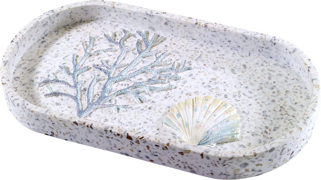 Coastal Vanity Tray Bathroom Organizer, Decorative Guest Bathroom Essentials Tray, Sea Inspired Terrazzo Style Countertop Storage Tray