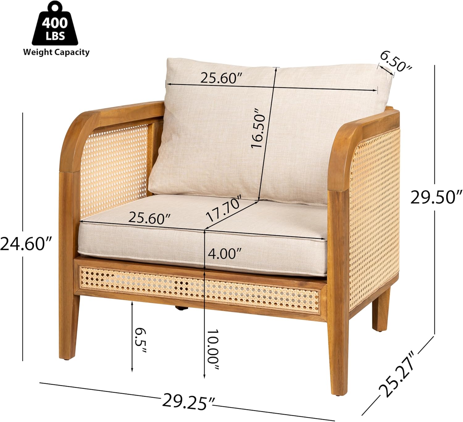 Set of 4 Outdoor Acacia Wood Armchairs with Cushions - Teak Finish Patio Rattan Club Chairs for Porch, Backyard & Balcony