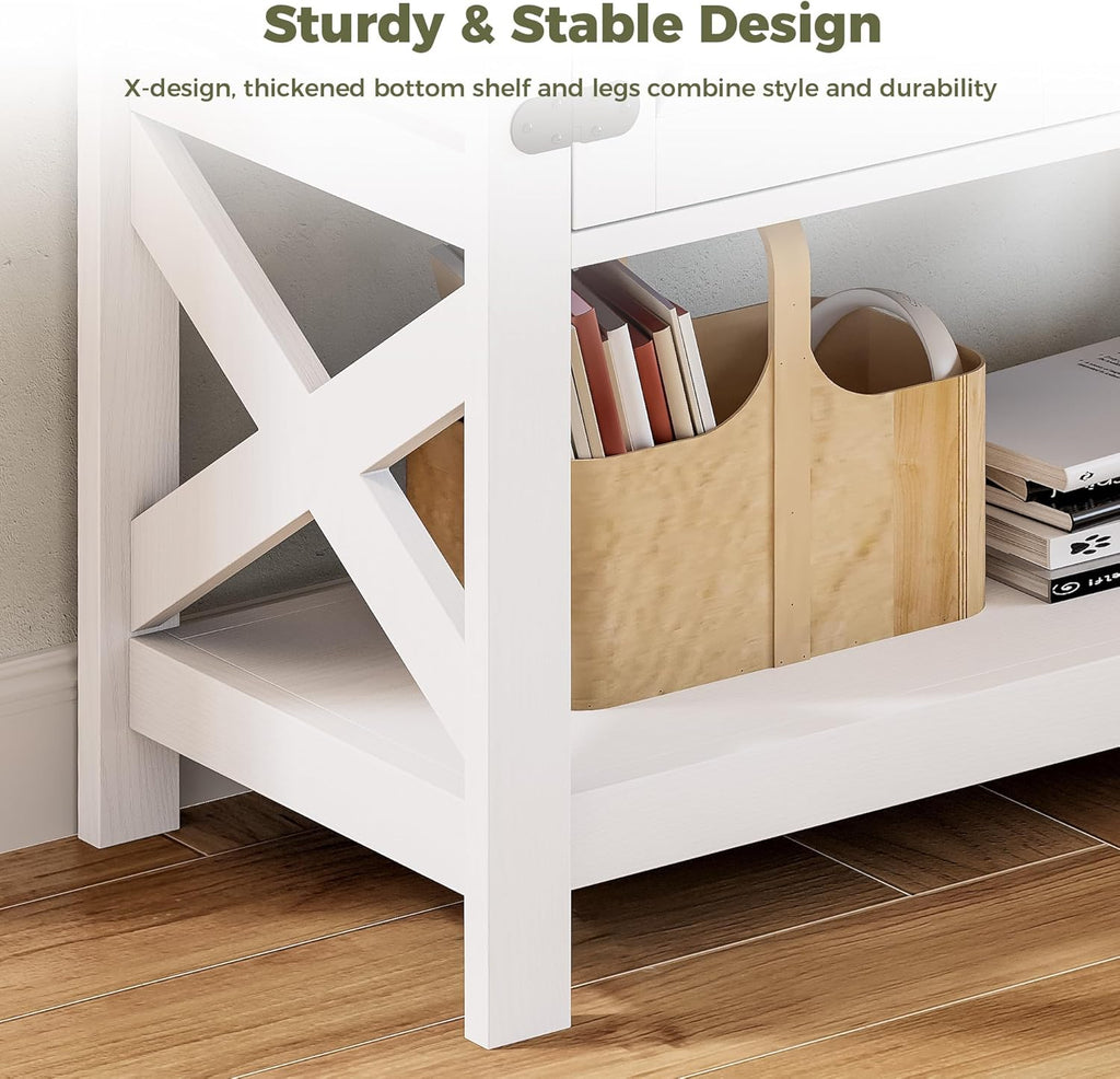 Modern Farmhouse Console Table with Storage Cabinet, 32" Entryway Table with Outlets and USB Ports, Buffet Sideboard & Coffee Bar Cabinet for Living Room, Kitchen & Hallway