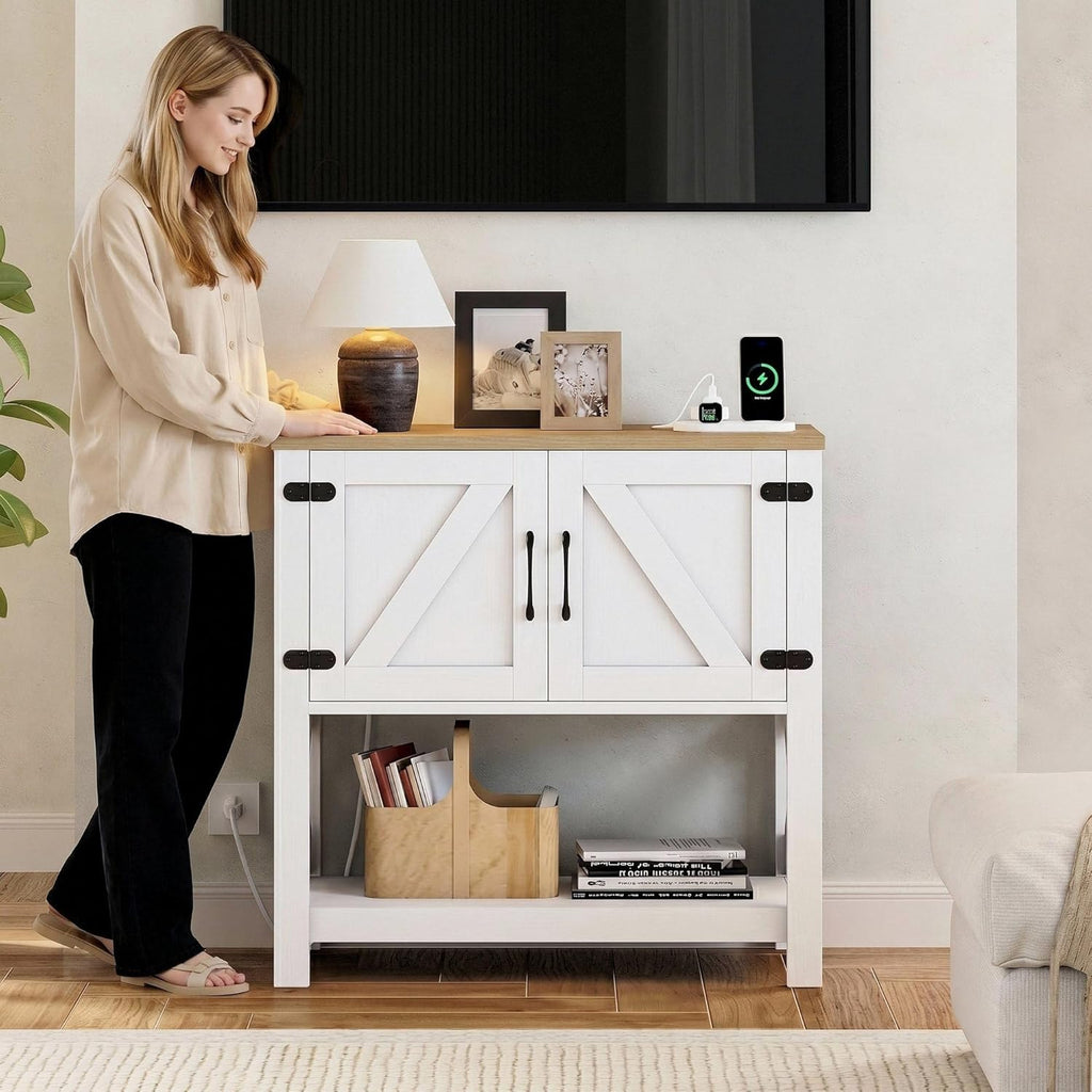 Modern Farmhouse Console Table with Storage Cabinet, 32" Entryway Table with Outlets and USB Ports, Buffet Sideboard & Coffee Bar Cabinet for Living Room, Kitchen & Hallway
