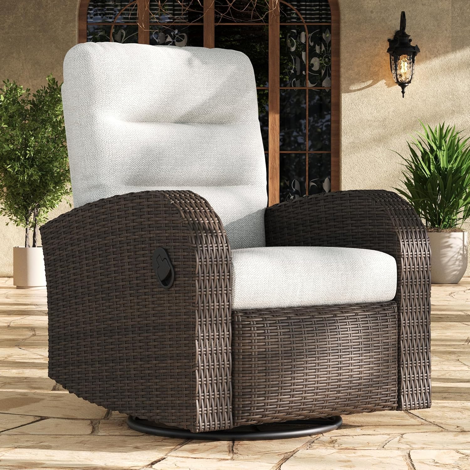 Oversized Wicker Outdoor Swivel Glider Recliner Chair with Adjustable Backrest & Footrest, Luxury Patio Lounge Seating for Porch, Deck & Garden