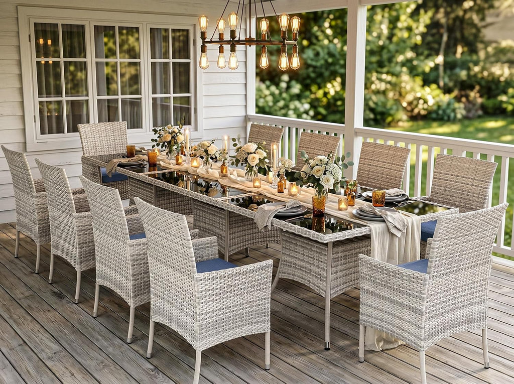15-Piece Outdoor Dining Set with Tempered Glass Table & 12 Cushioned Wicker Chairs, Luxury Patio Furniture for Backyard, Garden & Deck