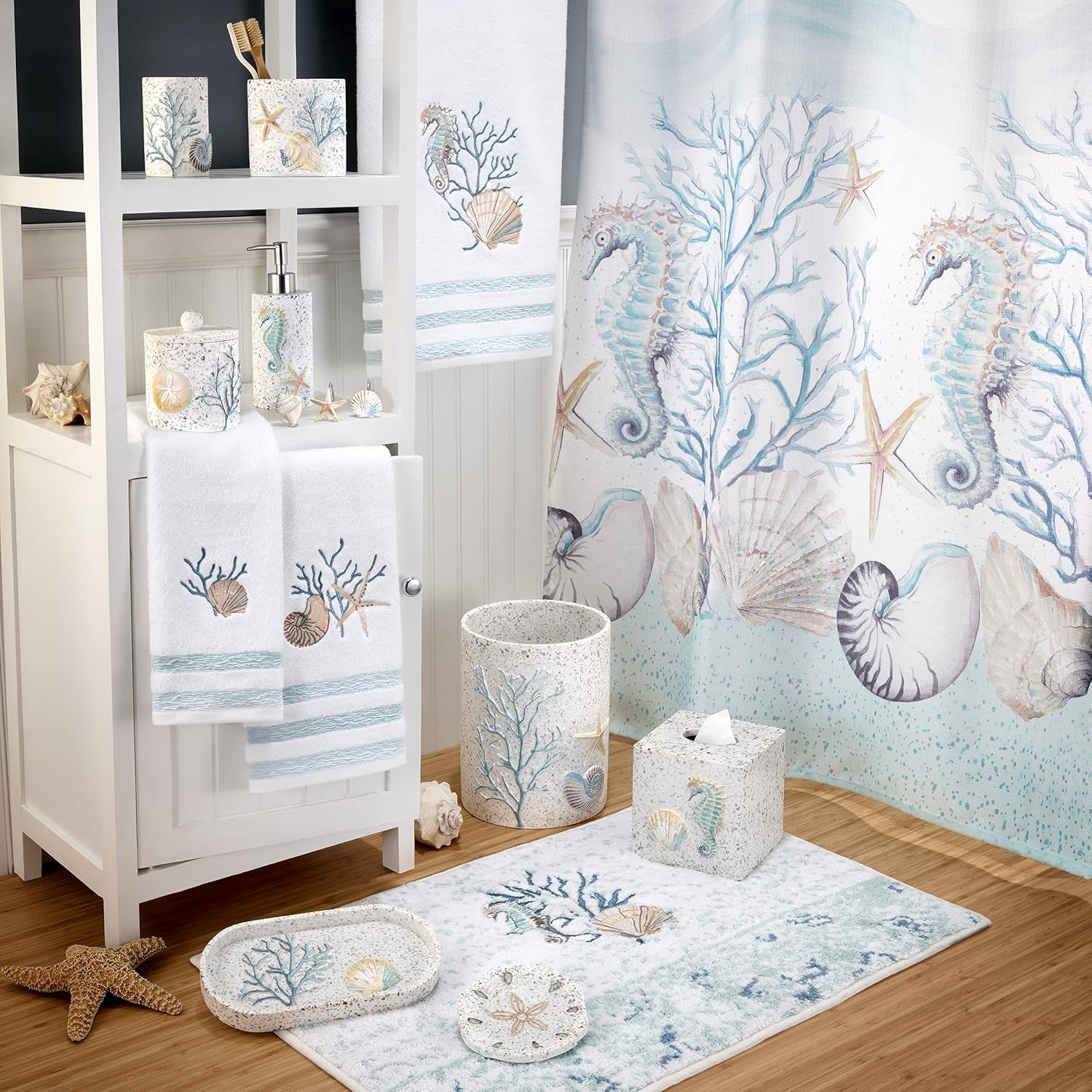Coastal Vanity Tray Bathroom Organizer, Decorative Guest Bathroom Essentials Tray, Sea Inspired Terrazzo Style Countertop Storage Tray